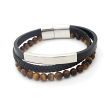 6MM Tiger Eye Natural Stone Bead Braided Leather Bracelet Men Stainless Steel Magnetic Clasp